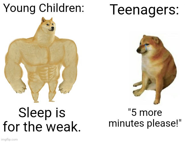 Buff Doge vs. Cheems | Young Children:; Teenagers:; Sleep is for the weak. "5 more minutes please!" | image tagged in memes,buff doge vs cheems | made w/ Imgflip meme maker