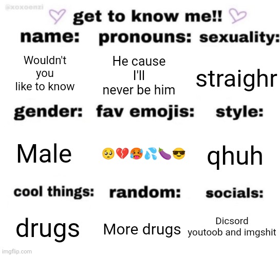 get to know me but better | Wouldn't you like to know; He cause I'll never be him; straighr; 🥺💔🥵💦🍆😎; qhuh; Male; Dicsord youtoob and imgshit; More drugs; drugs | image tagged in get to know me but better | made w/ Imgflip meme maker