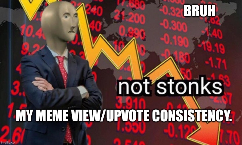 :( | BRUH; MY MEME VIEW/UPVOTE CONSISTENCY. | image tagged in memes,upvotes,views | made w/ Imgflip meme maker