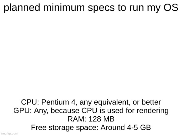 meh | planned minimum specs to run my OS; CPU: Pentium 4, any equivalent, or better
GPU: Any, because CPU is used for rendering
RAM: 128 MB
Free storage space: Around 4-5 GB | made w/ Imgflip meme maker