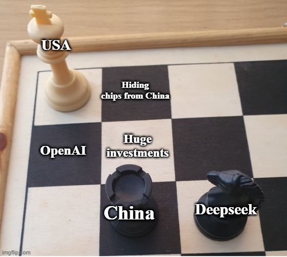 Deepseek VS USA | USA; Hiding chips from China; Huge investments; OpenAI; Deepseek; China | image tagged in check mate | made w/ Imgflip meme maker