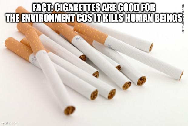 puff puff puff | FACT: CIGARETTES ARE GOOD FOR THE ENVIRONMENT COS IT KILLS HUMAN BEINGS | image tagged in cigarettes | made w/ Imgflip meme maker