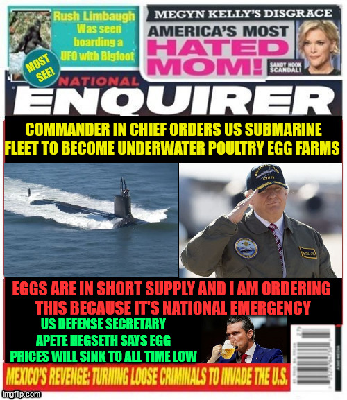 National Enquirer Trump orders US subs to become underwater poultry egg farms | COMMANDER IN CHIEF ORDERS US SUBMARINE FLEET TO BECOME UNDERWATER POULTRY EGG FARMS; EGGS ARE IN SHORT SUPPLY AND I AM ORDERING
 THIS BECAUSE IT'S NATIONAL EMERGENCY; US DEFENSE SECRETARY APETE HEGSETH SAYS EGG PRICES WILL SINK TO ALL TIME LOW | image tagged in trump orders us subs to become underwater poultry egg farms,chocolate cake emergency,trump chicken of the 7 seas,rotten egg | made w/ Imgflip meme maker