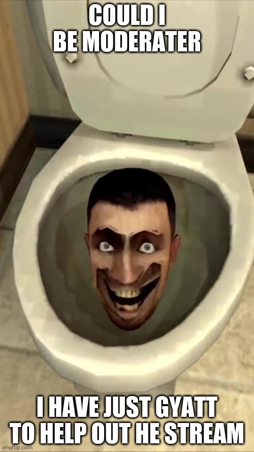 mod please i have gyatt somthing in my eye | COULD I BE MODERATER; I HAVE JUST GYATT TO HELP OUT HE STREAM | image tagged in skibidi toilet | made w/ Imgflip meme maker