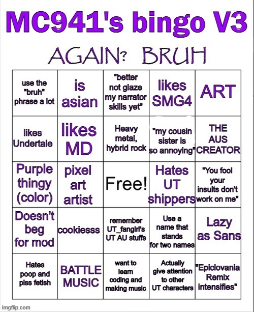 bruh | image tagged in mc941's bingo v3,bruh | made w/ Imgflip meme maker