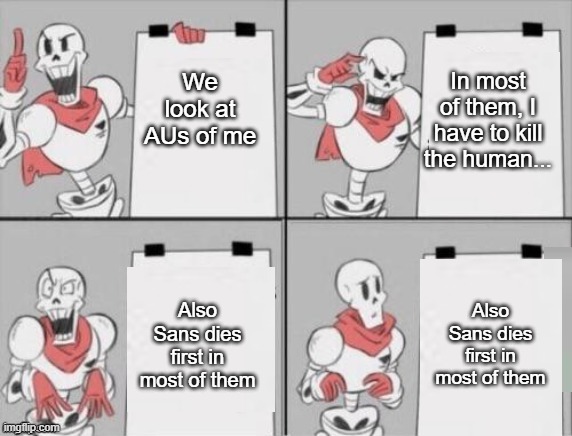 Papyrus Realises... | In most of them, I have to kill the human... We look at AUs of me; Also Sans dies first in most of them; Also Sans dies first in most of them | image tagged in papyrus plan | made w/ Imgflip meme maker