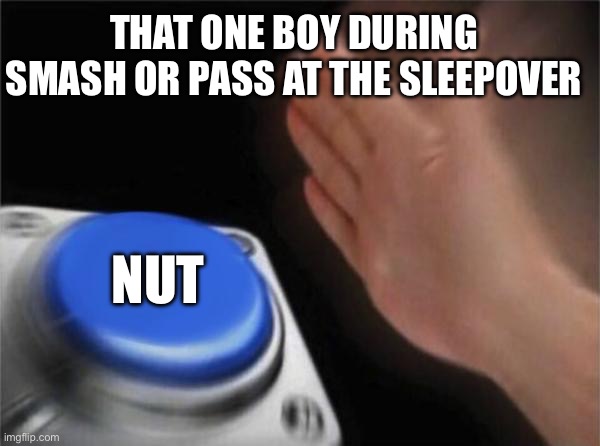 Sleepover meme! | THAT ONE BOY DURING SMASH OR PASS AT THE SLEEPOVER; NUT | image tagged in memes,blank nut button | made w/ Imgflip meme maker