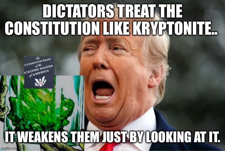 Trump dictator | DICTATORS TREAT THE CONSTITUTION LIKE KRYPTONITE.. IT WEAKENS THEM JUST BY LOOKING AT IT. | image tagged in trump,dictator,maga,right wing,republicans | made w/ Imgflip meme maker