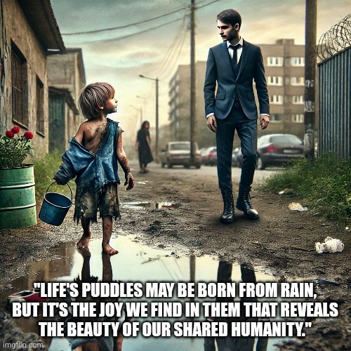 Never forget where you came from | "LIFE'S PUDDLES MAY BE BORN FROM RAIN,
BUT IT'S THE JOY WE FIND IN THEM THAT REVEALS
THE BEAUTY OF OUR SHARED HUMANITY." | made w/ Imgflip meme maker