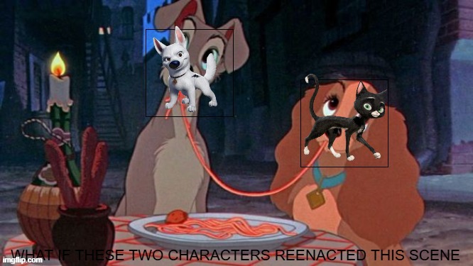 what if bolt and mittens reenacted the spaghetti kiss | image tagged in what if these two characters reenacted the spaghetti scene,disney,lady and the tramp | made w/ Imgflip meme maker