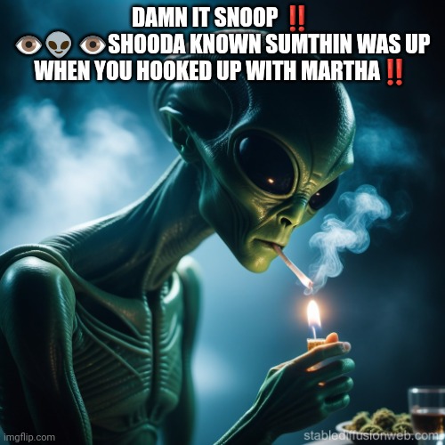 Snooptrump | DAMN IT SNOOP ‼️
👁️👽 👁️SHOODA KNOWN SUMTHIN WAS UP WHEN YOU HOOKED UP WITH MARTHA‼️ | image tagged in snoop | made w/ Imgflip meme maker