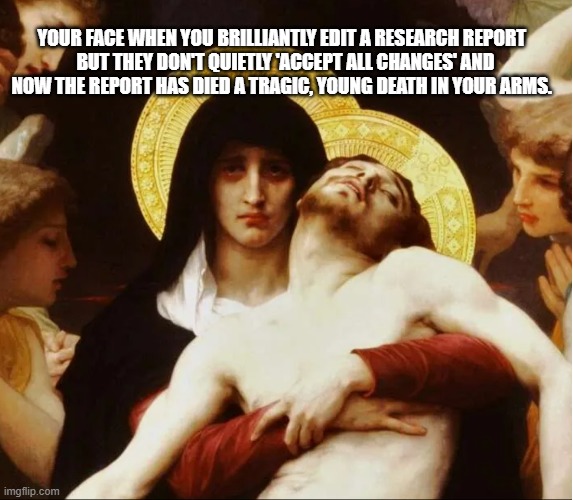 Your Face | YOUR FACE WHEN YOU BRILLIANTLY EDIT A RESEARCH REPORT 
 BUT THEY DON'T QUIETLY 'ACCEPT ALL CHANGES' AND NOW THE REPORT HAS DIED A TRAGIC, YOUNG DEATH IN YOUR ARMS. | image tagged in work,writing,painting,art,mary,jesus | made w/ Imgflip meme maker