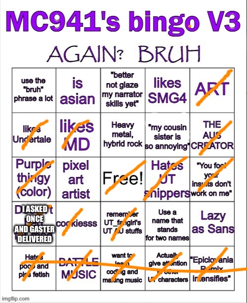 Asking once and getting mod is different than asking multiple times and not getting mod, right? | I ASKED ONCE AND GASTER DELIVERED | image tagged in mc941's bingo v3 | made w/ Imgflip meme maker