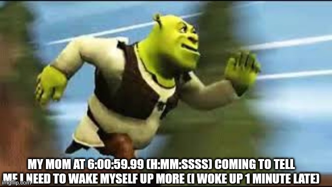 shrek | MY MOM AT 6:00:59.99 (H:MM:SSSS) COMING TO TELL ME I NEED TO WAKE MYSELF UP MORE (I WOKE UP 1 MINUTE LATE) | image tagged in shrek running | made w/ Imgflip meme maker