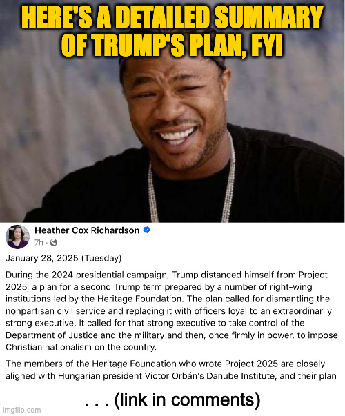 For your discussions with our colleagues in other streams. | HERE'S A DETAILED SUMMARY
OF TRUMP'S PLAN, FYI; . . . (link in comments) | image tagged in memes,yo dawg heard you,project 2025,constitution vs dictatorship | made w/ Imgflip meme maker