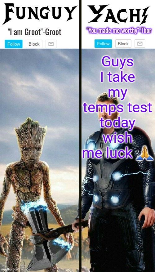 Temps means temporary license (permit) | Guys I take my temps test today wish me luck 🙏 | image tagged in funguy and yachi temp | made w/ Imgflip meme maker