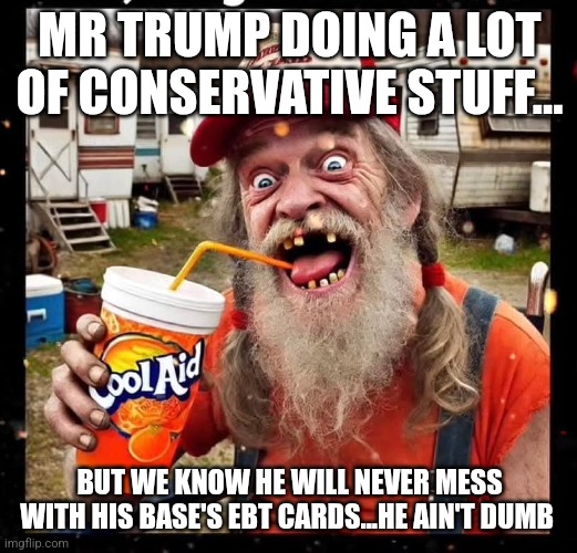 He ain't dumb | MR TRUMP DOING A LOT OF CONSERVATIVE STUFF... BUT WE KNOW HE WILL NEVER MESS WITH HIS BASE'S EBT CARDS...HE AIN'T DUMB | image tagged in donald trump,trump,maga,nevertrump,nevertrump meme,trump sucks | made w/ Imgflip meme maker