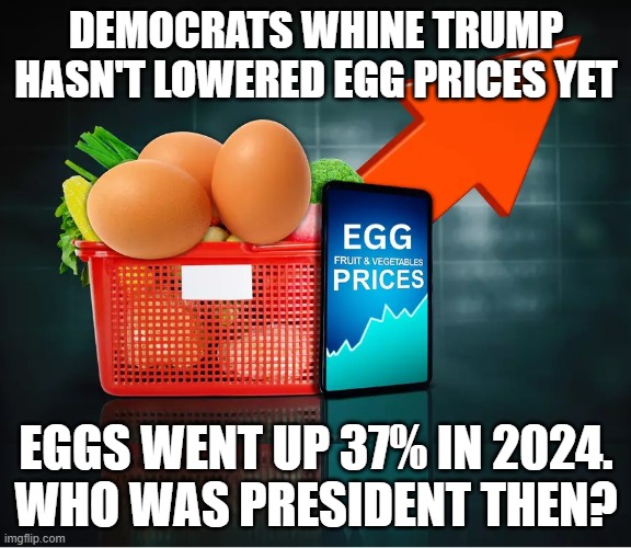 Democrats Whine about Eggs | DEMOCRATS WHINE TRUMP HASN'T LOWERED EGG PRICES YET; EGGS WENT UP 37% IN 2024.
WHO WAS PRESIDENT THEN? | made w/ Imgflip meme maker