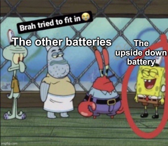 brah tried to fit in | The upside down battery The other batteries | image tagged in brah tried to fit in | made w/ Imgflip meme maker