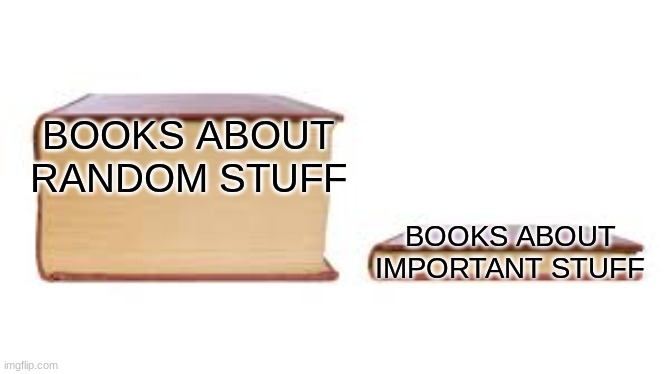 Big book small book | BOOKS ABOUT RANDOM STUFF; BOOKS ABOUT IMPORTANT STUFF | image tagged in big book small book | made w/ Imgflip meme maker