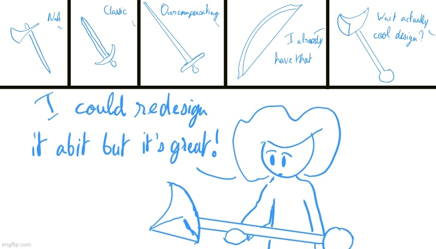 Eden choosing a magical weapon (perspective is dead on the last panel) | image tagged in doodle in class | made w/ Imgflip meme maker