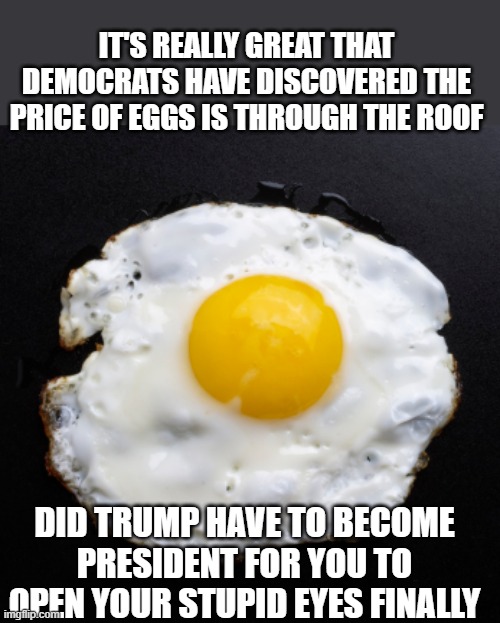 yep | IT'S REALLY GREAT THAT DEMOCRATS HAVE DISCOVERED THE PRICE OF EGGS IS THROUGH THE ROOF; DID TRUMP HAVE TO BECOME PRESIDENT FOR YOU TO OPEN YOUR STUPID EYES FINALLY | image tagged in eggs | made w/ Imgflip meme maker