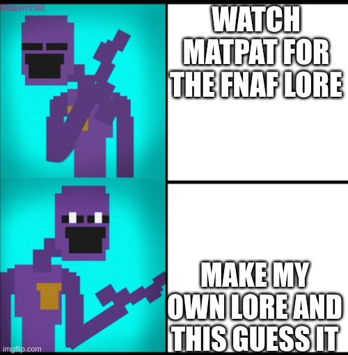 Drake Hotline Bling Meme FNAF EDITION | WATCH MATPAT FOR THE FNAF LORE; MAKE MY OWN LORE AND THIS GUESS IT | image tagged in drake hotline bling meme fnaf edition | made w/ Imgflip meme maker