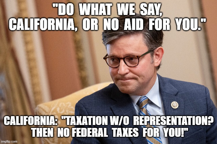 Titty-Tat | "DO  WHAT  WE  SAY,  CALIFORNIA,  OR  NO  AID  FOR  YOU."; CALIFORNIA:  "TAXATION W/O  REPRESENTATION?  THEN  NO FEDERAL  TAXES  FOR  YOU!" | image tagged in wildfires | made w/ Imgflip meme maker