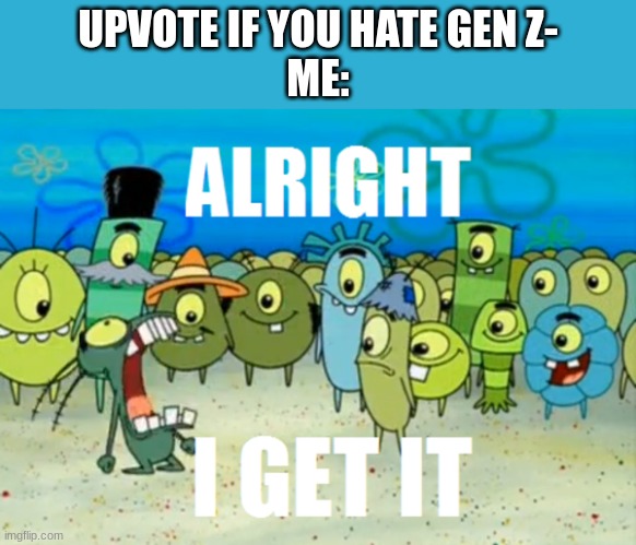 WE GET IT, SHUT UP!!! | UPVOTE IF YOU HATE GEN Z-
ME: | image tagged in alright i get it | made w/ Imgflip meme maker