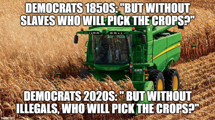 Democrats and crops | DEMOCRATS 1850S: "BUT WITHOUT SLAVES WHO WILL PICK THE CROPS?"; DEMOCRATS 2020S: " BUT WITHOUT ILLEGALS, WHO WILL PICK THE CROPS?" | made w/ Imgflip meme maker