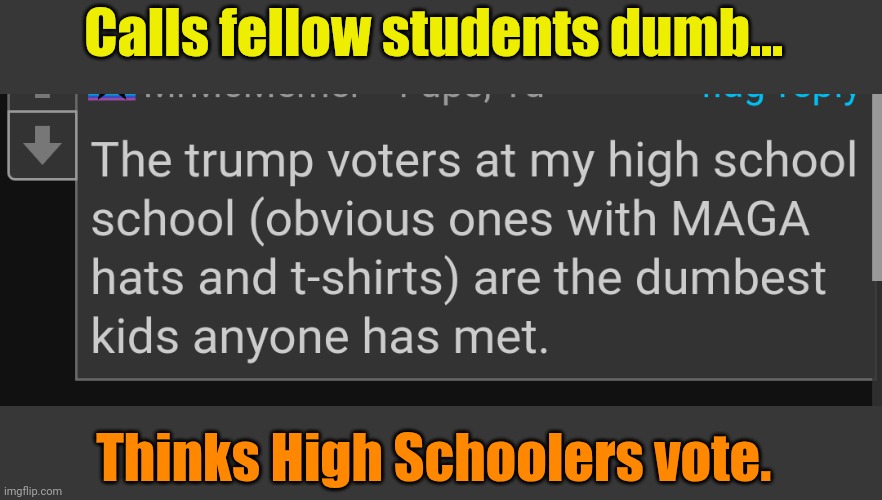 School School Daze | Calls fellow students dumb... Thinks High Schoolers vote. | made w/ Imgflip meme maker