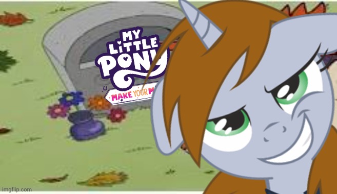 Littlepip Laughs at G5's Grave | image tagged in chaz laughs at his wifes grave,my little pony make your mark,fallout equestria,mlp g5,littlepip | made w/ Imgflip meme maker