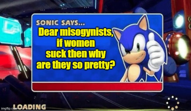 Sonic Says | Dear misogynists, if women suck then why are they so pretty? | image tagged in sonic says | made w/ Imgflip meme maker