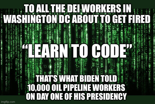 What’s good for the goose is good for the gander, right? | TO ALL THE DEI WORKERS IN WASHINGTON DC ABOUT TO GET FIRED; “LEARN TO CODE”; THAT’S WHAT BIDEN TOLD 10,000 OIL PIPELINE WORKERS ON DAY ONE OF HIS PRESIDENCY | image tagged in matrix code,dei,code,learn to code | made w/ Imgflip meme maker