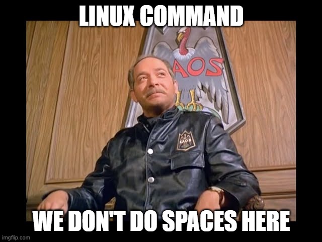 Linux and Spaces | LINUX COMMAND; WE DON'T DO SPACES HERE | image tagged in linux,siegfried,get smart | made w/ Imgflip meme maker