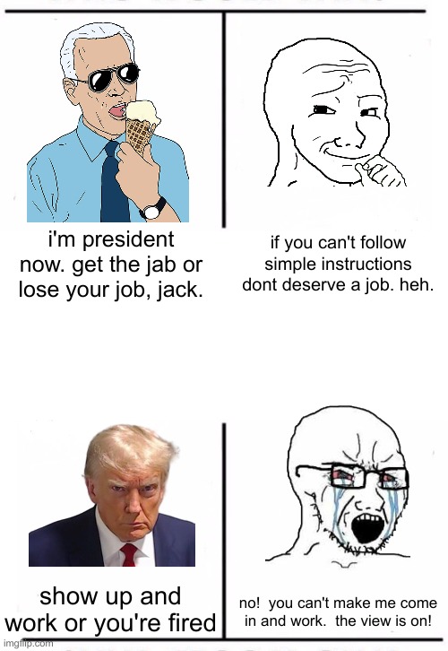 if you can't follow simple instructions dont deserve a job. heh. i'm president now. get the jab or lose your job, jack. show up and work or you're fired; no!  you can't make me come in and work.  the view is on! | image tagged in comparison table | made w/ Imgflip meme maker