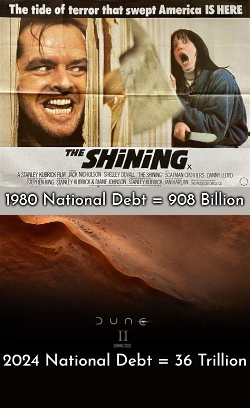 45 years - 35 trillion dollars | 1980 National Debt = 908 Billion; 2024 National Debt = 36 Trillion | image tagged in national debt | made w/ Imgflip meme maker