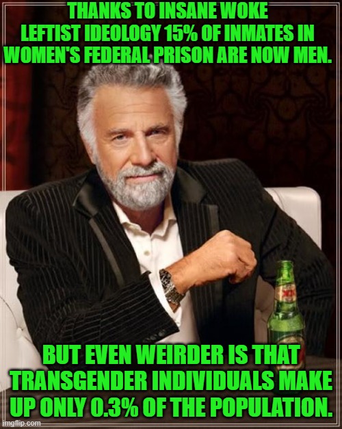 I wonder if presenting these facts will 'earn' me a 24 hour timer. | THANKS TO INSANE WOKE LEFTIST IDEOLOGY 15% OF INMATES IN WOMEN'S FEDERAL PRISON ARE NOW MEN. BUT EVEN WEIRDER IS THAT TRANSGENDER INDIVIDUALS MAKE UP ONLY 0.3% OF THE POPULATION. | image tagged in the most interesting man in the world | made w/ Imgflip meme maker