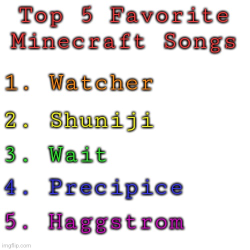 My opinion ofc | Top 5 Favorite Minecraft Songs; 1. Watcher; 2. Shuniji; 3. Wait; 4. Precipice; 5. Haggstrom | made w/ Imgflip meme maker