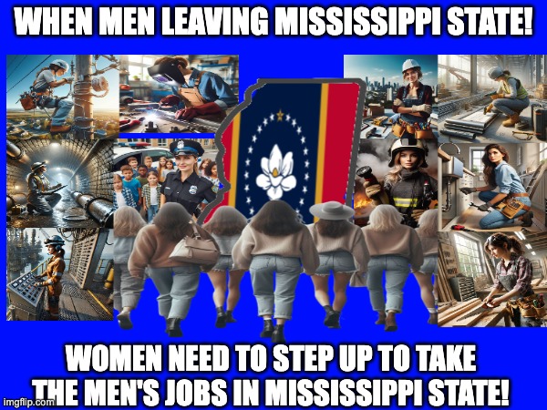 Mississippi is only for women now! | WHEN MEN LEAVING MISSISSIPPI STATE! WOMEN NEED TO STEP UP TO TAKE THE MEN'S JOBS IN MISSISSIPPI STATE! | image tagged in mississippi state | made w/ Imgflip meme maker