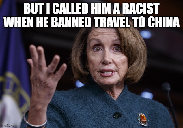 Good old Nancy Pelosi | BUT I CALLED HIM A RACIST WHEN HE BANNED TRAVEL TO CHINA | image tagged in good old nancy pelosi | made w/ Imgflip meme maker