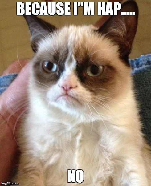 Grumpy Cat Meme | BECAUSE I"M HAP..... NO | image tagged in memes,grumpy cat | made w/ Imgflip meme maker