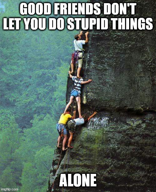 Good friends | GOOD FRIENDS DON'T LET YOU DO STUPID THINGS; ALONE | image tagged in climbing,meme,freeclimbing,lattice climbing,klettern,escalande | made w/ Imgflip meme maker