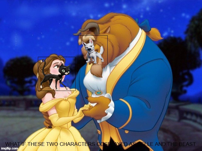 what if mittens and bolt cosplayed as belle and the beast | image tagged in what is these two characters cosplayed as belle and the beast,beauty and the beast | made w/ Imgflip meme maker