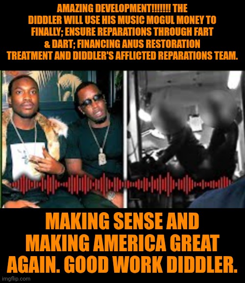 Funny | AMAZING DEVELOPMENT!!!!!!! THE DIDDLER WILL USE HIS MUSIC MOGUL MONEY TO FINALLY; ENSURE REPARATIONS THROUGH FART & DART; FINANCING ANUS RESTORATION TREATMENT AND DIDDLER'S AFFLICTED REPARATIONS TEAM. MAKING SENSE AND MAKING AMERICA GREAT AGAIN. GOOD WORK DIDDLER. | image tagged in funny,politics,maga,diddy,humanity restored,money | made w/ Imgflip meme maker