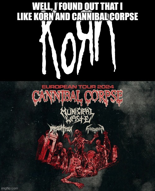 They are very cool | WELL, I FOUND OUT THAT I LIKE KORN AND CANNIBAL CORPSE | image tagged in korn,cannibal corpse | made w/ Imgflip meme maker