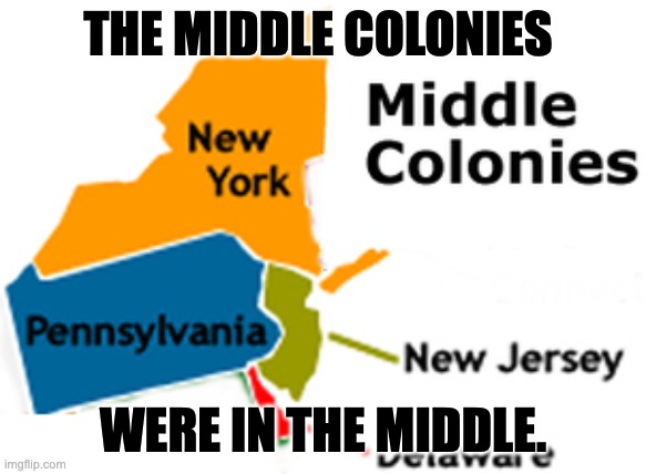 the middle colonies were in the middle | THE MIDDLE COLONIES; WERE IN THE MIDDLE. | image tagged in colonies | made w/ Imgflip meme maker