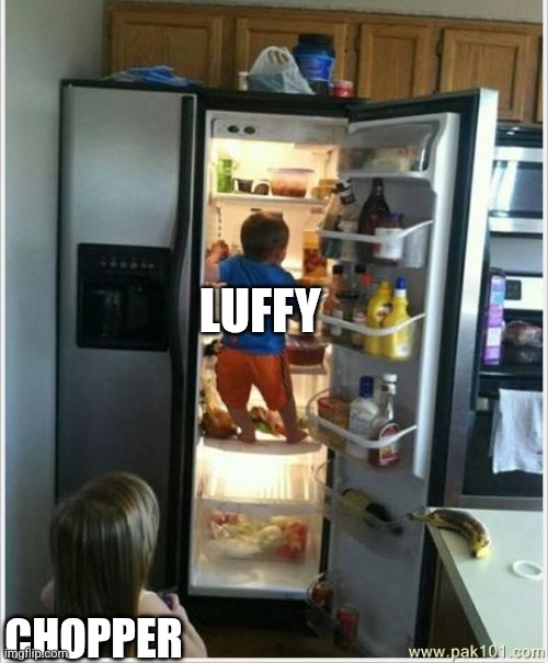 Someone left the fridge unlocked | LUFFY; CHOPPER | image tagged in baby getting food from fridge | made w/ Imgflip meme maker