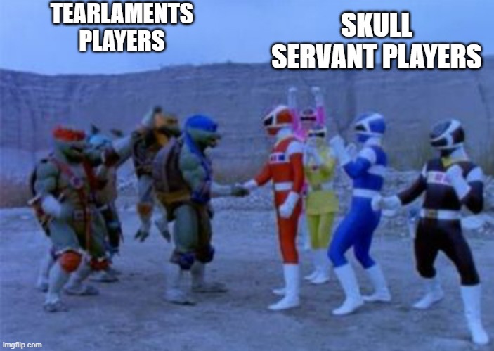 Yugioh meme 2 | TEARLAMENTS PLAYERS; SKULL SERVANT PLAYERS | image tagged in ninja turtles meet power rangers | made w/ Imgflip meme maker