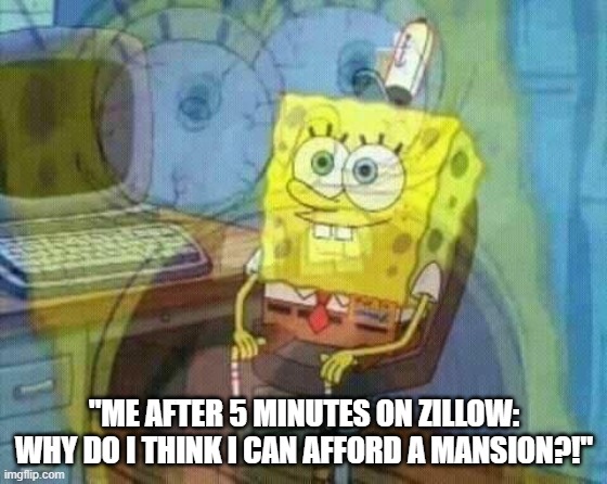 spongebob panic inside | "ME AFTER 5 MINUTES ON ZILLOW: WHY DO I THINK I CAN AFFORD A MANSION?!" | image tagged in spongebob panic inside | made w/ Imgflip meme maker